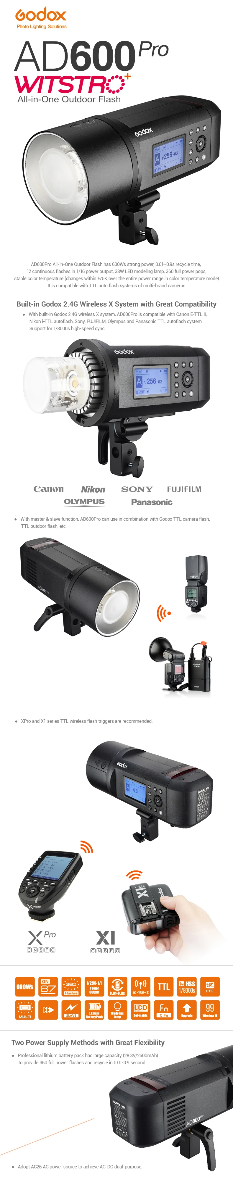 Внешняя вспышка Godox AD600 Pro WITSTRO All-in-One AD600Pro Li-on battery ttl HSS со встроенным передатчиком Godox 2,4G+ Xpro