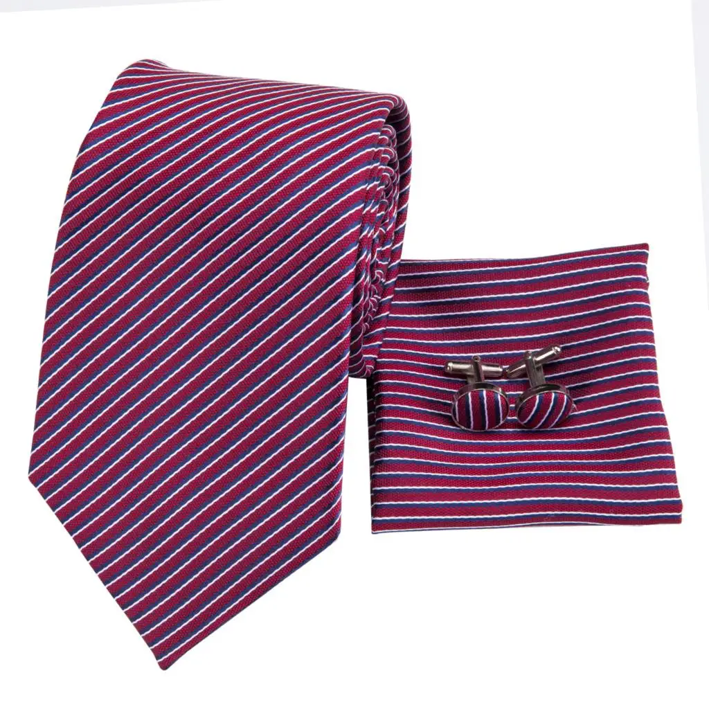 SN-3179 100% Silk Woven Men's Tie Red Striped Necktie Hanky Cufflinks Set Classic Party Wedding Pocket Square | Аксессуары для