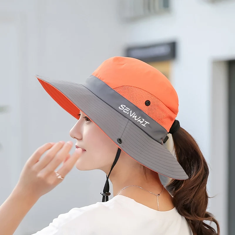 Outdoor Hiking Wide Brim Bucket Hat Women Quick Drying Breathable Packable Sunshade UV-proof Ponytail Cap With Chain Strap