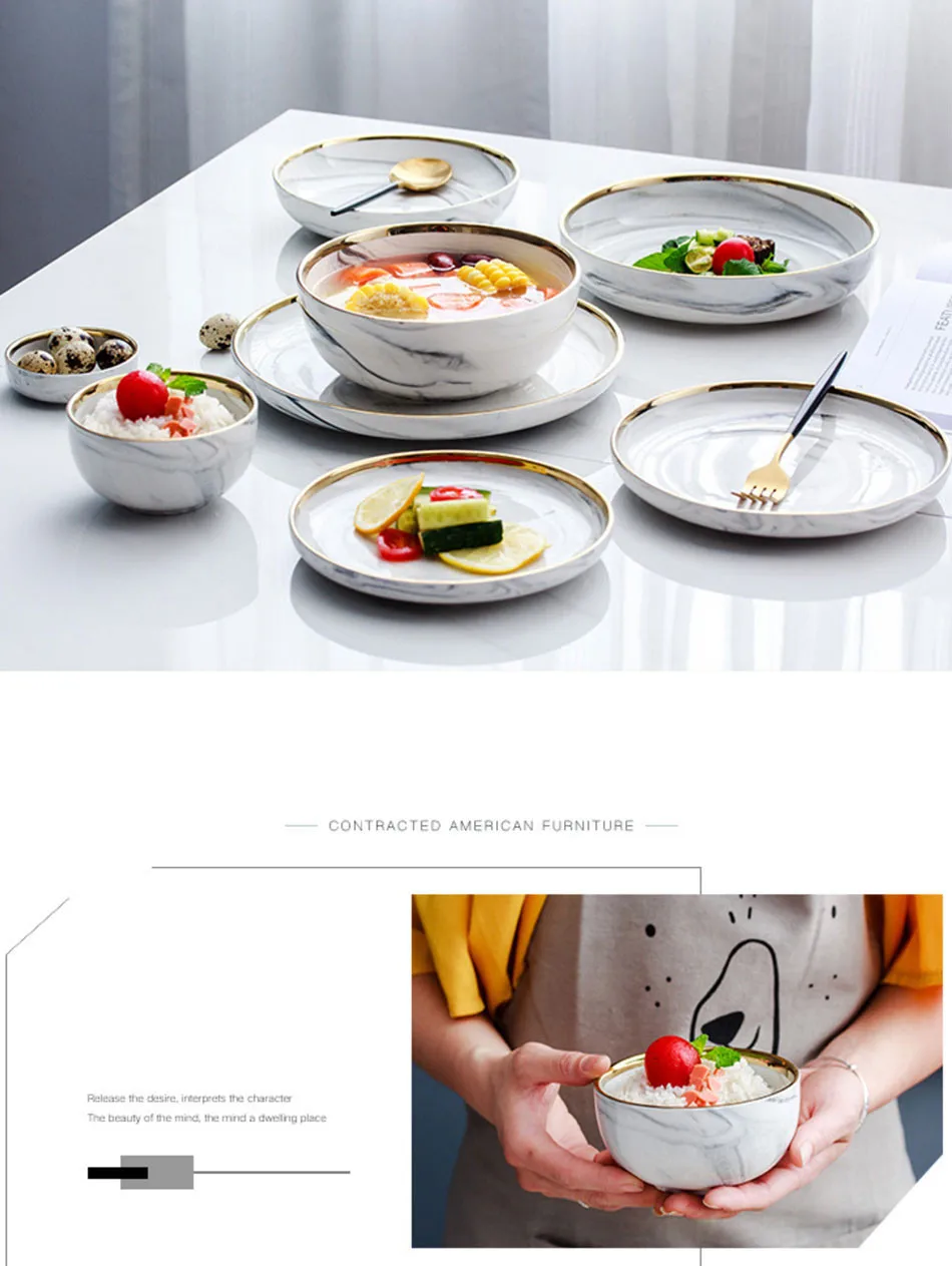 Europe Electroplating Marble Phnom Penh Ceramica Plate Western-style Snack Salad Disc Household Soup Bowl Tableware 1pcs