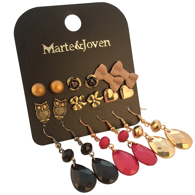 Marte&ampJoven Retro Water Drop Long Earring Set for Women Classic Flower/Owl/Bow-knot/Heart Earrings 9 Pairs/set Ear Jewelry | Украшения и