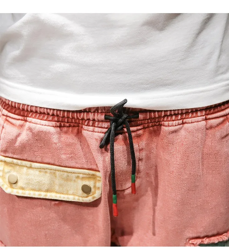 2018 новый дизайн Для мужчин джинсы брюки Лоскутные Drawstring Cargo короткие Прямые