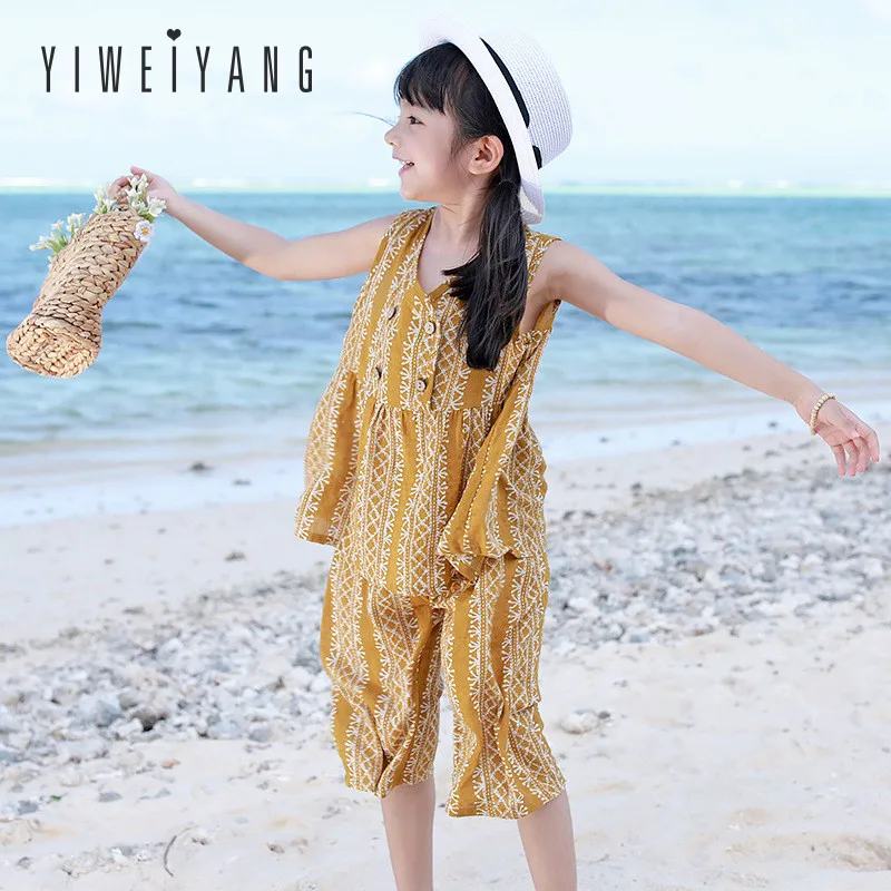 Новый летний костюм для отдыха в Корейском стиле девочек из чистого хлопка