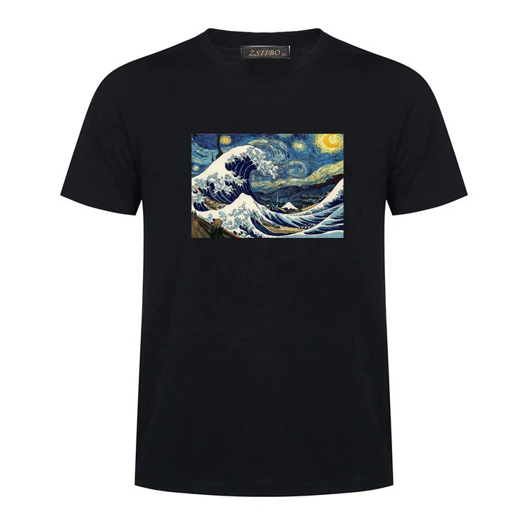 S5MC69-Black-2 Мужская футболка с принтом "Great wave off kanagawa", Ретро стиль, короткий рукав, тонкие топы, звездная ночь, забавный мультфильм, Harajuku, Мужская футболка, S5MC69 - Цвет: S5MC69-Black-2