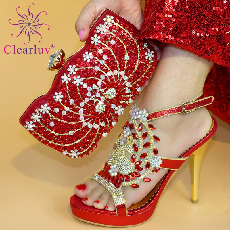 Magenta Color Nigerian Shoes and Matching Bag Ladies Italian Set Decorated with Rhinestone Italy | Обувь