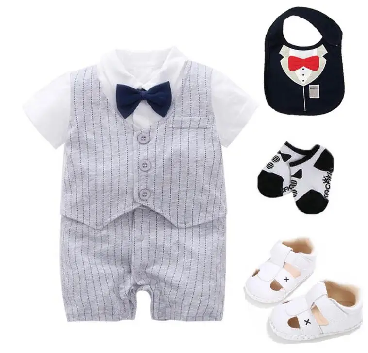 4 pcs summer-- gray Костюм-смокинг для свадебной вечеринки для новорожденных мальчиков, костюм для малышей 0-18 месяцев: боди+ шапка+ носки+ обувь, комплект одежды, подарок для маленького джентльмена - Цвет: 4 pcs summer-- gray