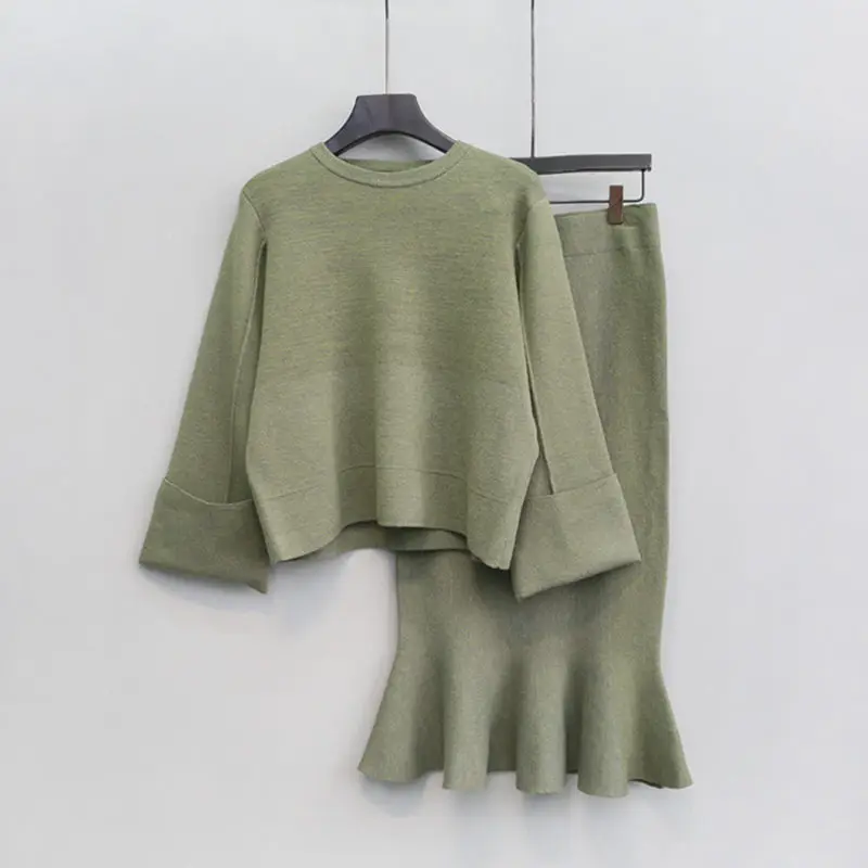 Autumn Jumper Sweater Women Office Elegant Knitted Pullover + Pencil Skirt 2pcs Suits Tops And Long Skirts Sets C3674 | Женская одежда