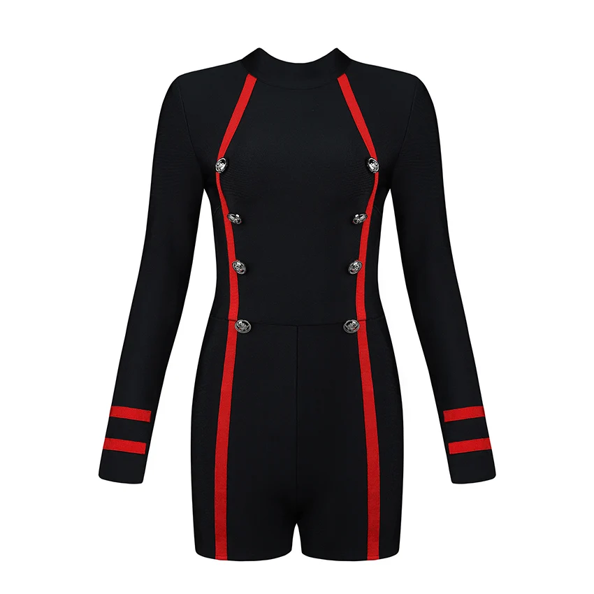 UKCNSEP Для женщин Сексуальная Bodycon бинты комбинезон с длинным рукавом двубортный о шеи знаменитости праздничный комбинезон элегантный женский игровой костюм - Цвет: Черный