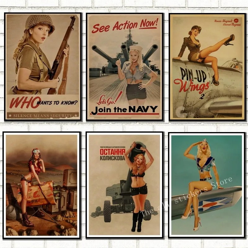 Постер из крафтовой бумаги времен Второй мировой войны, Классический ретро-плакат с сексуальной девушкой, декоративная картина, военный декор для бара, кафе, домашней комнаты, b/809
