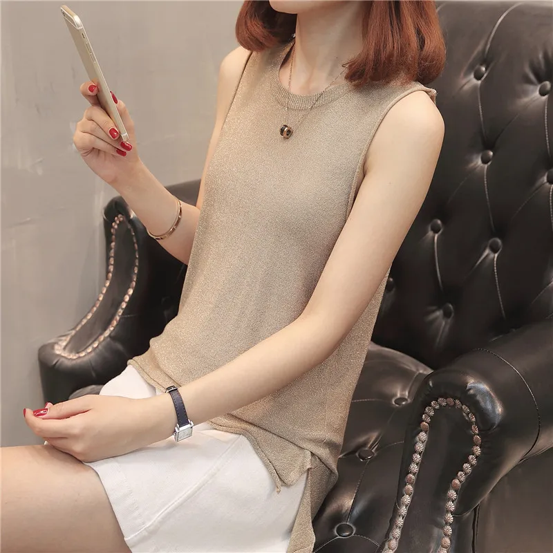 2018 новый рукавов трикотажные топы Для женщин Однотонный жилет с круглым вырезом