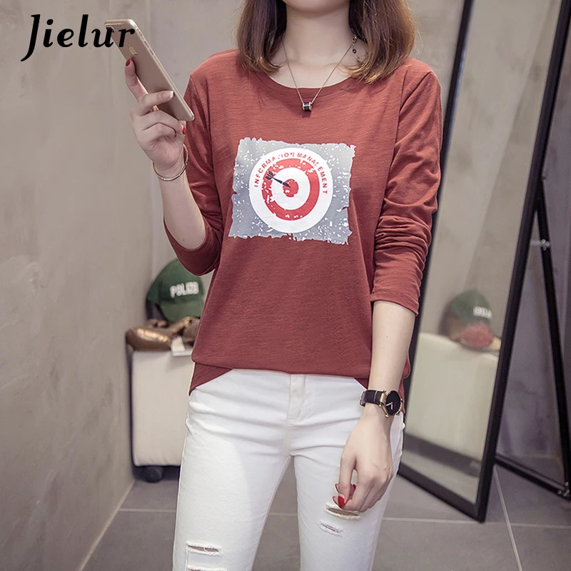 Jielur 2019 Новые Креативные женские футболки с принтом Осенняя Хлопковая женская