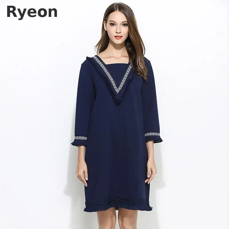 Ryeon 5xl Плюс Размер Женщины Кисточкой Платья Линия Твердые выше Колена Мини Длина