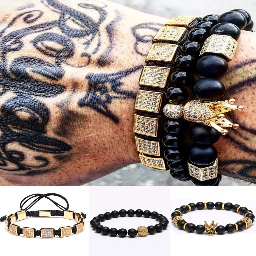 

KEJIALAI 2018 Men Bracelet Set New Brand Imperial Crow Charm Bracelet Zircon Matte Square Shape Beads Women Jewelry Gift SPC