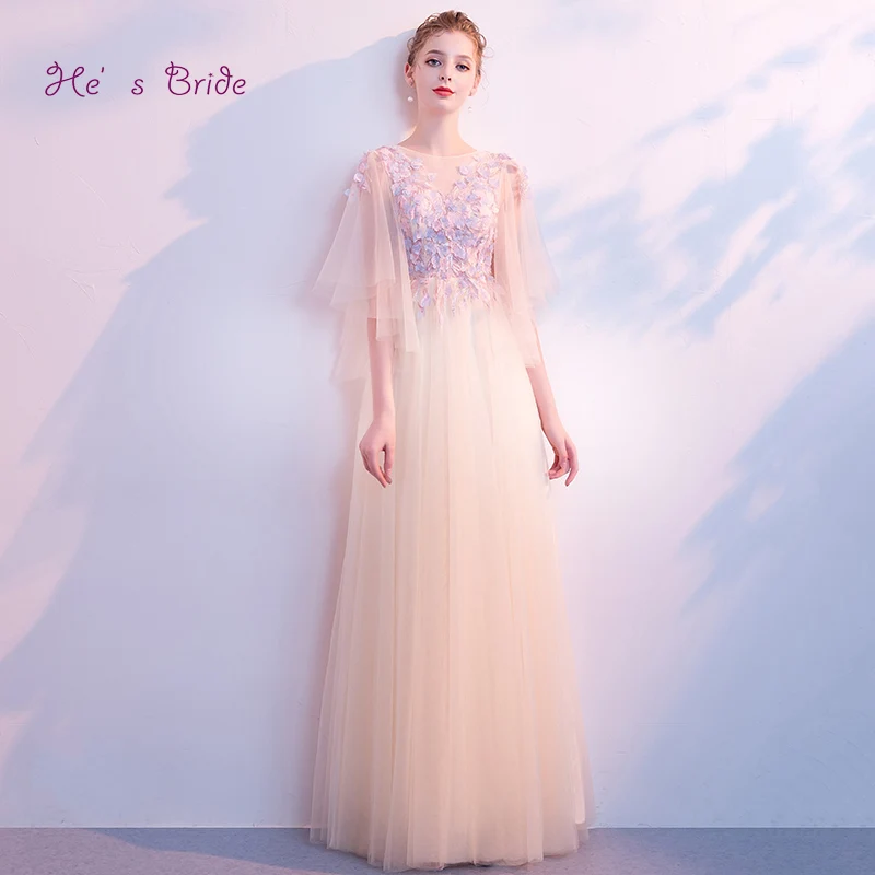 He's Bride Champagne New Elegant Evening Dresses Scoop Half Sleeves Floor-Length Simple Prom Party Gown Robe De Soiree | Свадьбы и