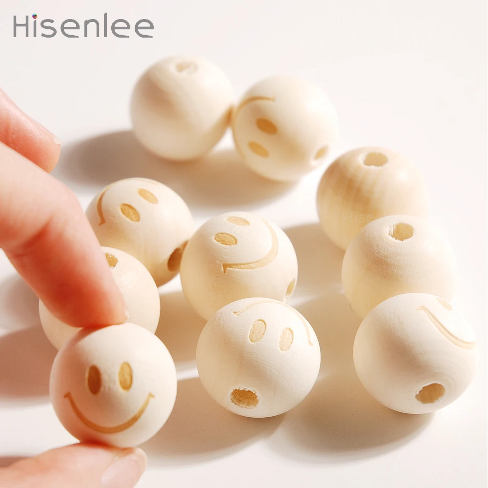 Hisenlee-cuenta Circular de madera para bebé, accesorio de mascarilla, cuentas sueltas, bricolaje, 20mm, cara sonriente feliz, 100%