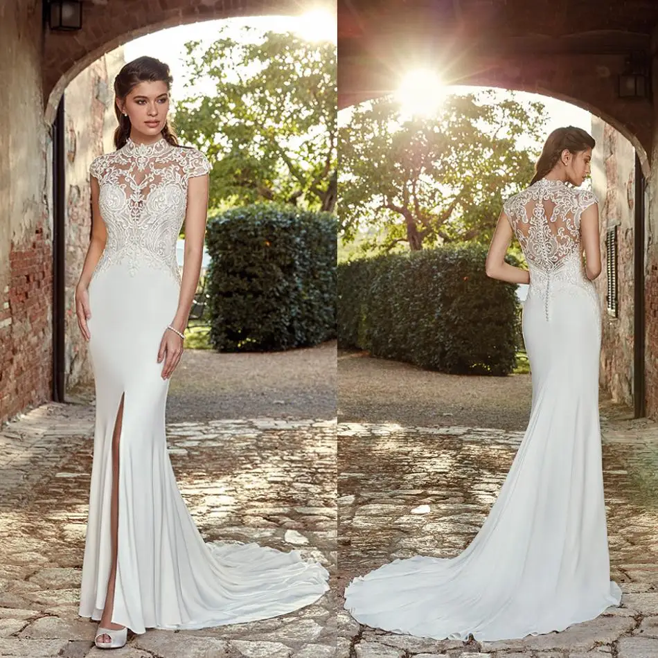 

2019 New Wedding Dresses Illusion High Neck High Side Split Lace Appliques Bridal Gowns Sweep Train A Line Wedding Dress