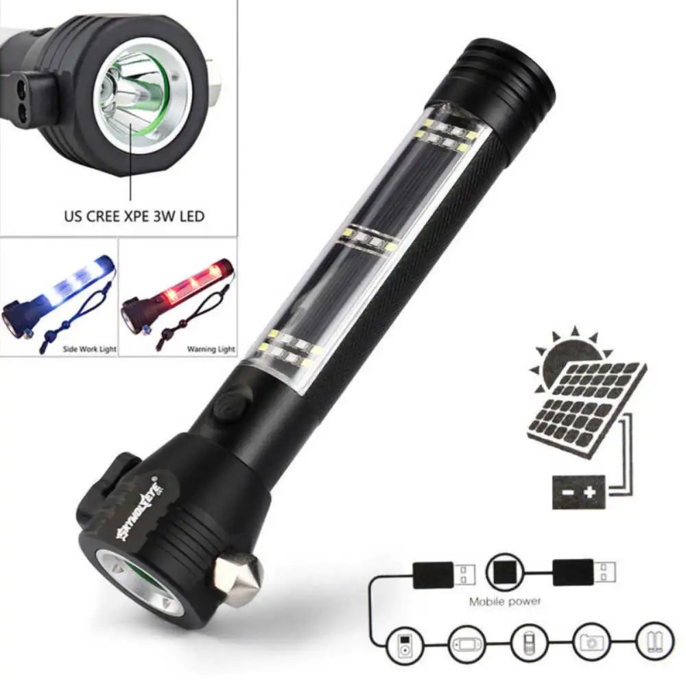 

USB Rechargeable Battery Flashlight Solar Powered Car Emergency Escape Rescue Tool With Window Breaker Outdoor Hiking Camping