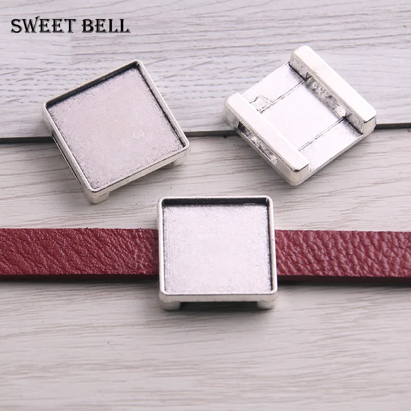 15pcs square leather slider beads two color blank 20mm cabochon setting diy bracelets making supplies hole 2.5*10mm D6425 | Украшения и