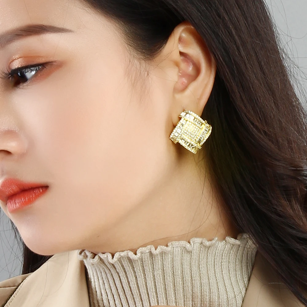 

Big square stud earrings White and Gold color aretes de mujer Large Luxury design jewelry stud earrings