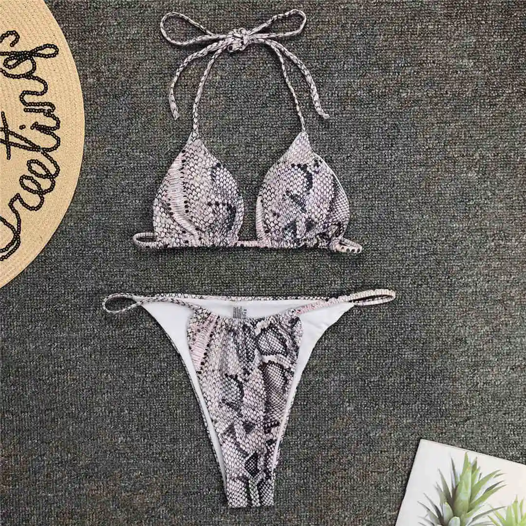 Gray Snake Print Сексуальный змеиный принт Холтер Бикини женский купальник из двух частей комплект бикини бразильский купальный костюм V1557 - Цвет: Gray Snake Print