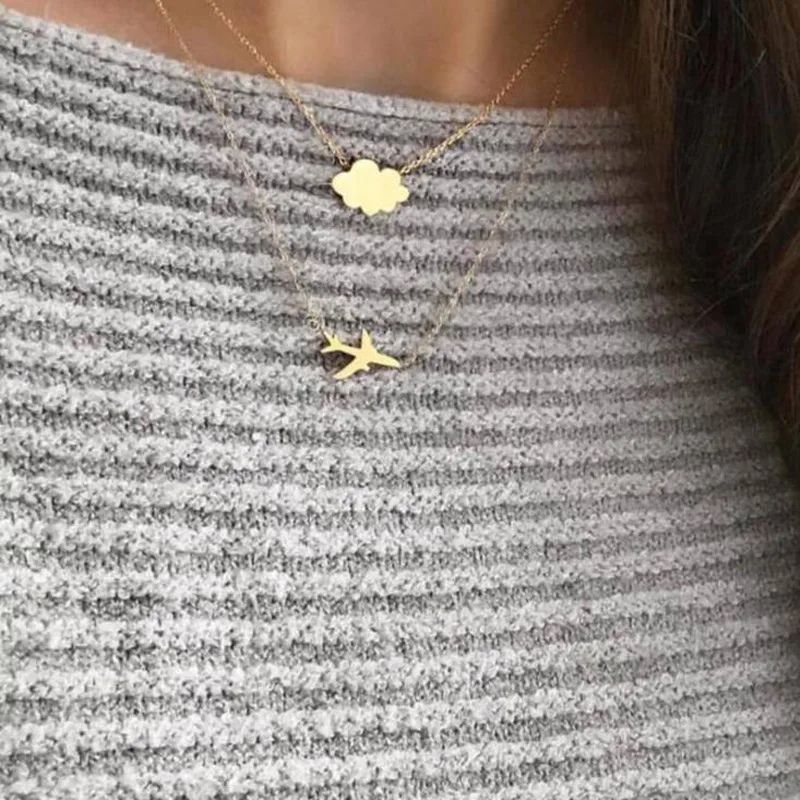 Gold Новинка, простое ожерелье с блестками и облаком, подвеска "самолет", многослойные цепные ожерелья для женщин, ювелирное изделие, подарок для девушек, ювелирное изделие, новинка - Окраска металла: Gold