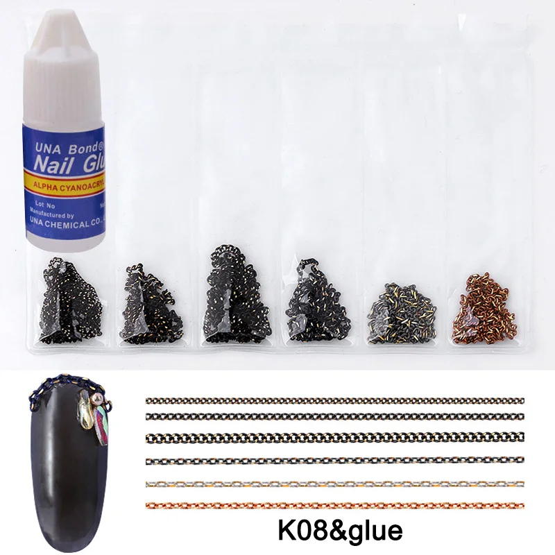 

6 Pcs/Box 3D DIY Concise Metal Nail Art Chains with 3 Gram Nail Glue NShopping