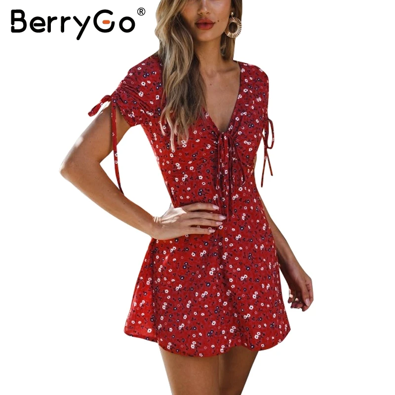 BerryGo Boho цветочным принтом летнее платье Женский 2018 сексуальные v шеи Короткое