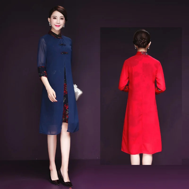 

New Autumn Vintage Women dress Mandarin Collar Print Two Improved Cheongsam Button In Long Holiday Dresses Red Blue 6680