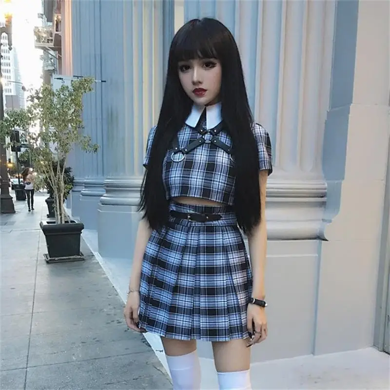 InstaHot плиссированные юбки в готическом стиле с завышенной талией для женщин в стиле панк, школьный стиль, черные плиссированные мини юбки с пряжкой, уличная весенняя одежда