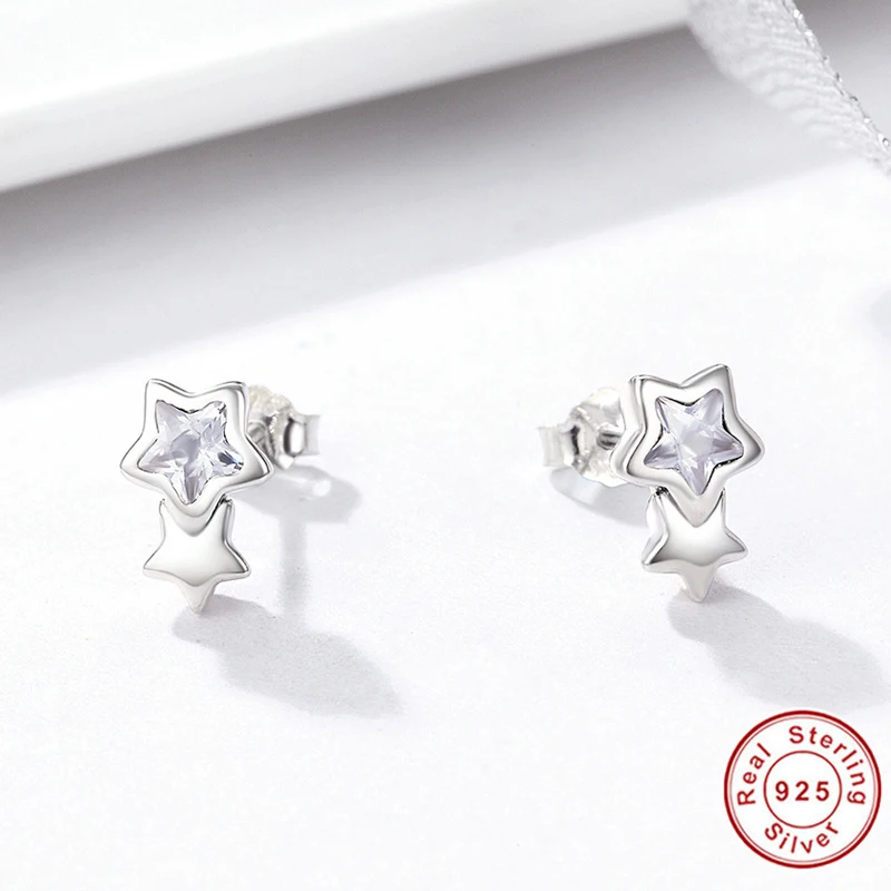 Hot Sale Genuine 925 Sterling Silver Sparking CZ Double Star Shape Stud Earrings for Women Fine Jewelry Bijoux | Украшения и