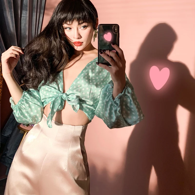 Блузка Женская атласная в стиле Харадзюку практичная короткая рубашка