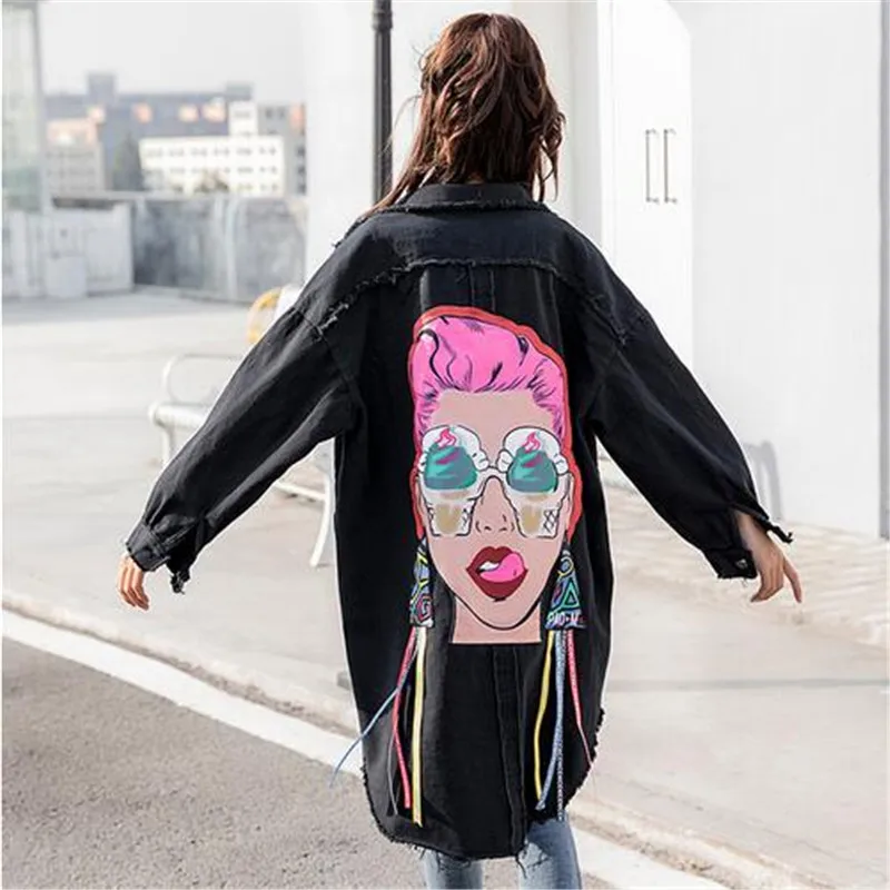 

2018 Antumn New Pattern Korean Print Turn-down Collar Long Cowboy Loose Single Breasted Coat Woman Windbreaker