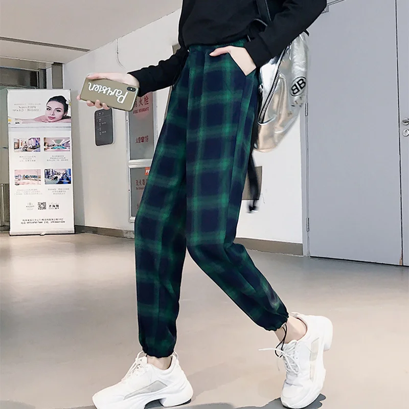 Green Plaid Jielur спортивные штаны женские клетчатые брюки женский корейский стиль Harajuku Boyfriends широкие брюки свободные винтажные зеленые клетчатые джоггеры женские эластичные талии - Цвет: Green Plaid