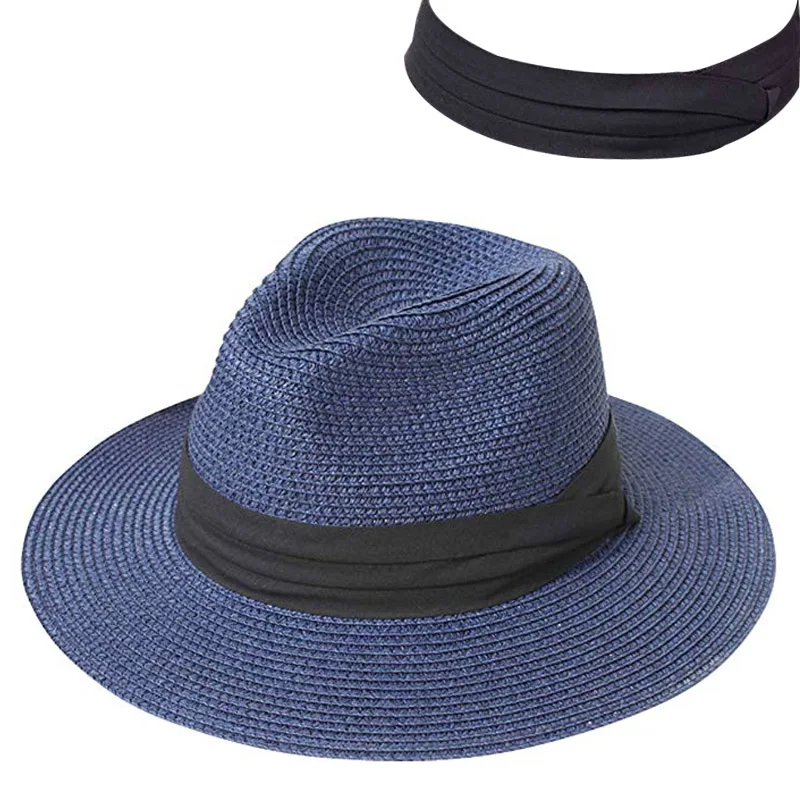 Navy Шляпа женская летняя шляпа соломенная шляпа Панама Fedora пляжный отдых широкими полями козырек повседневное летние шля - Цвет: Navy
