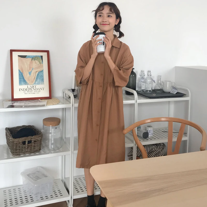2 цвета женское летнее платье миди с коротким рукавом Vestidos повседневное однотонное свободное платье-рубашка женское s(C6023