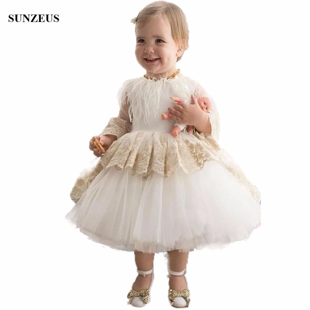 

Long Sleeve Tea Length Flower Girl Dresses New Ball Gown Puffy Tulle Kids Party Gowns With Appliques Feathers FLG007