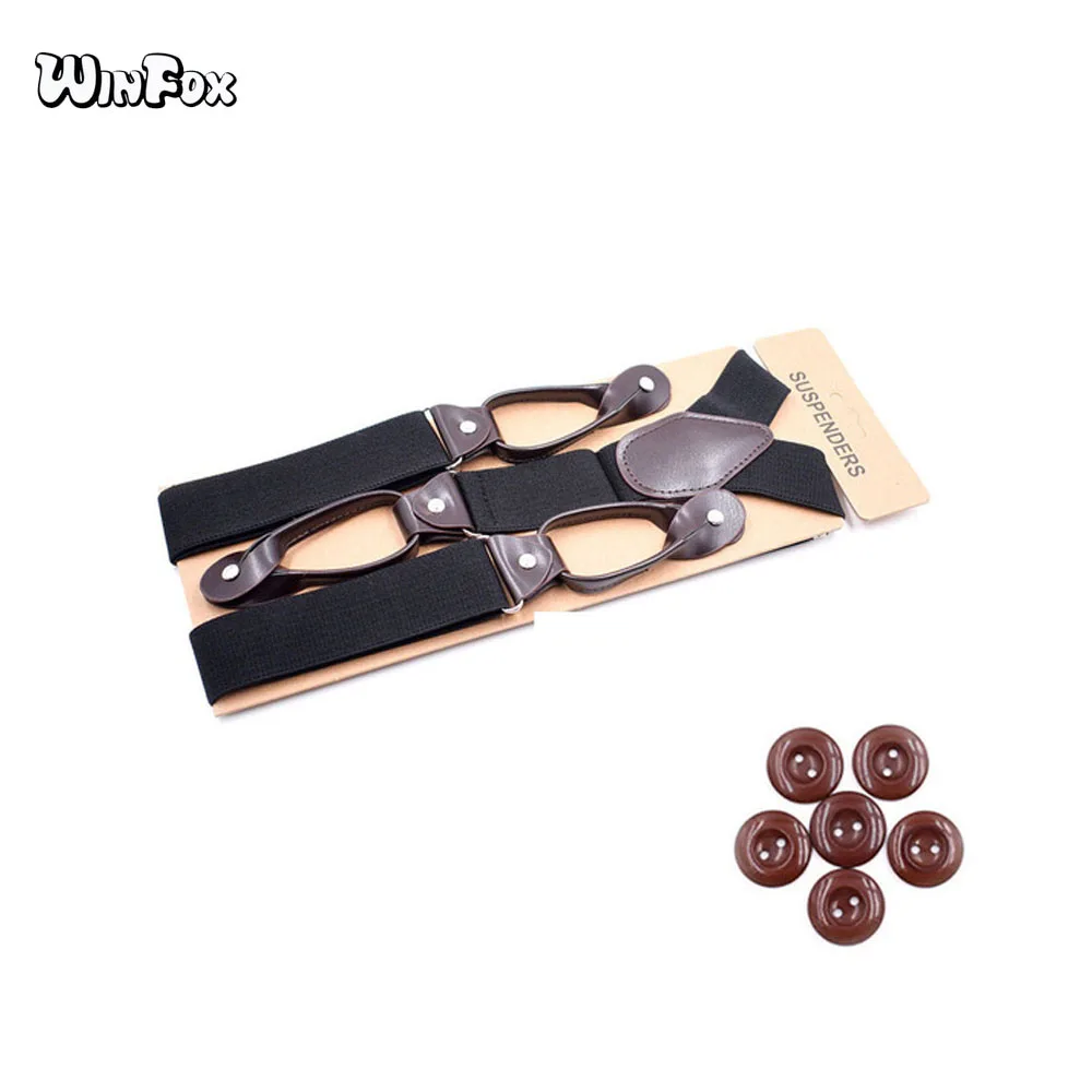 Winfox Vintage 3.5 cm Wide Black Suspenders Men Leather Button Suspenders Pant Braces Male Burgundy Khaki