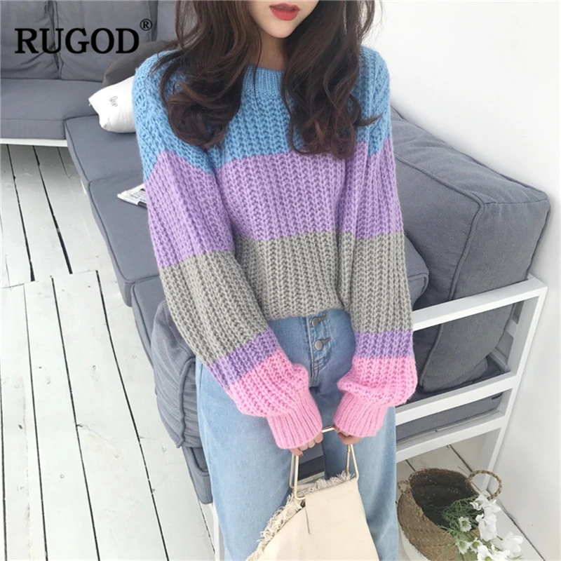 RUGOD женский свитер с круглым вырезом Повседневный Полосатый пуловер женские