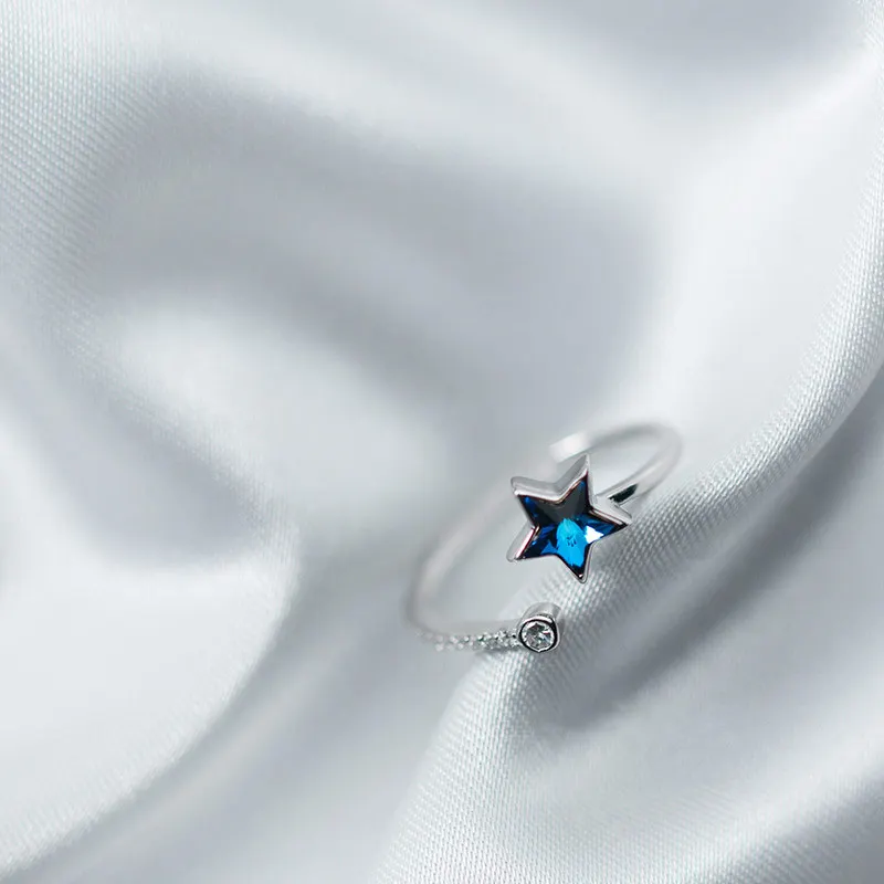 Серебро 925 пробы синий CZ Star открытые, кольца на палец для женщин девочек регулируемое обручальное кольцо Стерлинговое Серебро-ювелирные изделия