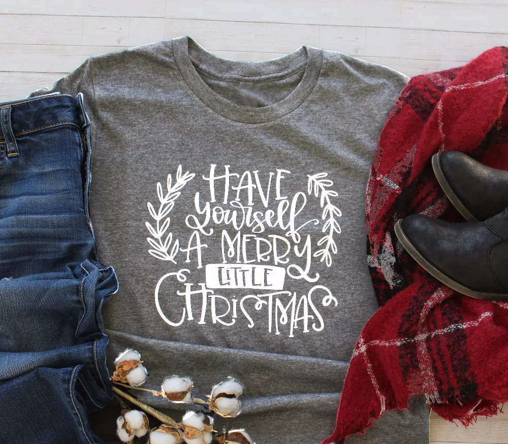 

Футболка с надписью «Merry Little Christmas» Женская, смешная Модная хлопковая рубашка со слоганом, празднивечерние для вечеринки, футболки в эстетич...