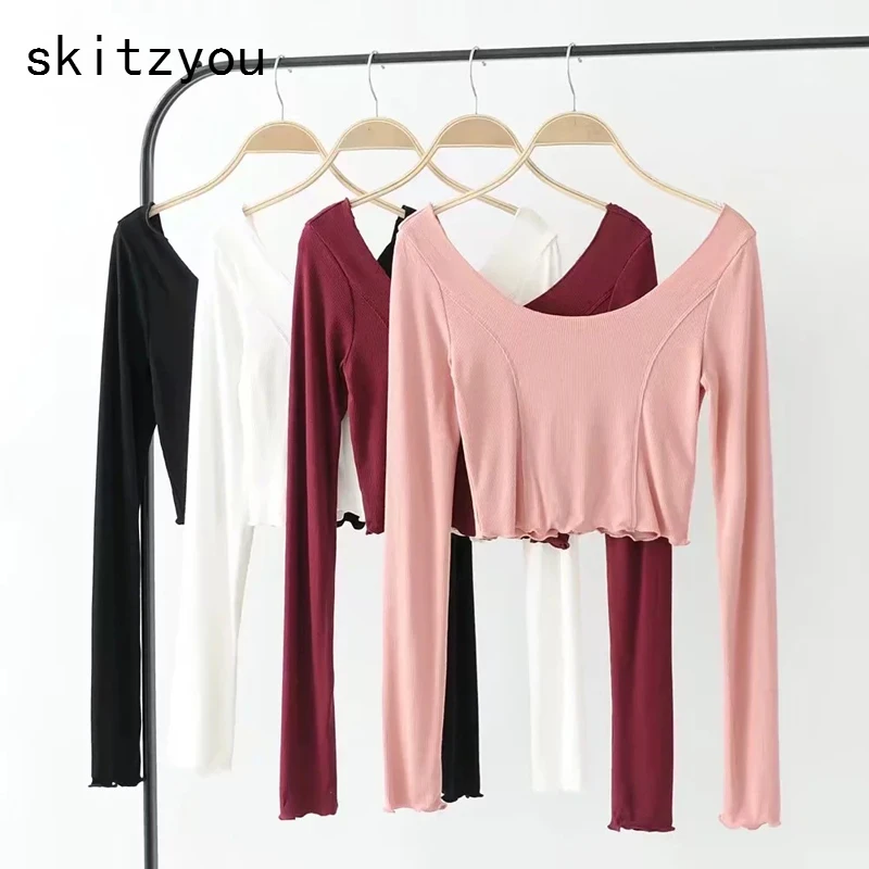 skitzyou Long Sleeve Women Casual Slim Summer T Shirt Cotton Elastic White Black Short Crop Top Tees Backless Sexy Basic Cropped | Женская