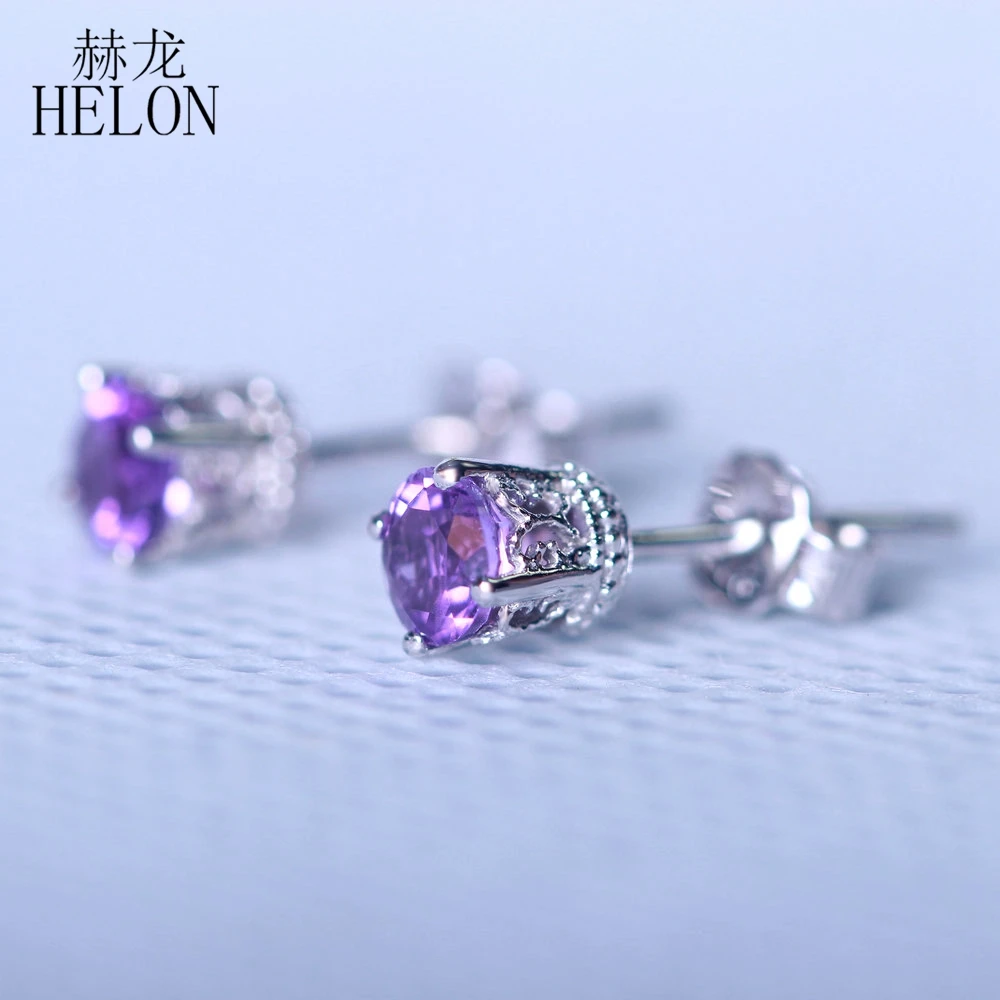 HELON Art Deco серьги с аметистом Твердые 14 к белое золото натуральный 4 мм круглый аметист Свадебные модные современные женские серьги
