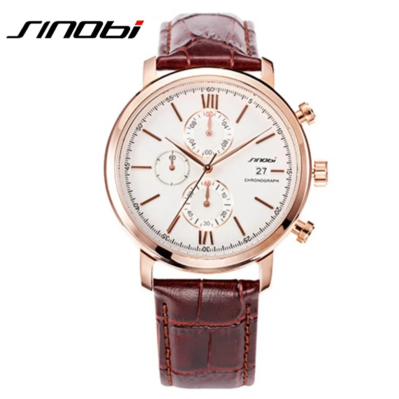 Топ люксовый бренд Sinobi часы розовое золото мужские с кожаным ремешком кварцевые