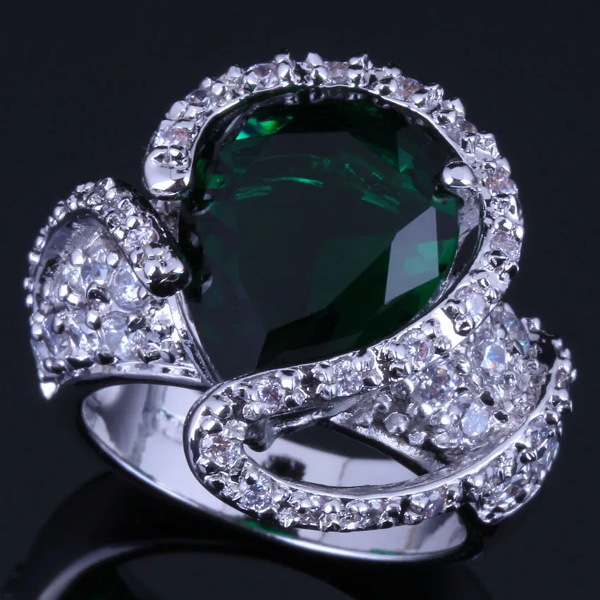 

Charming Big Water Drop Green Cubic Zirconia White CZ Silver Plated Ring V0571