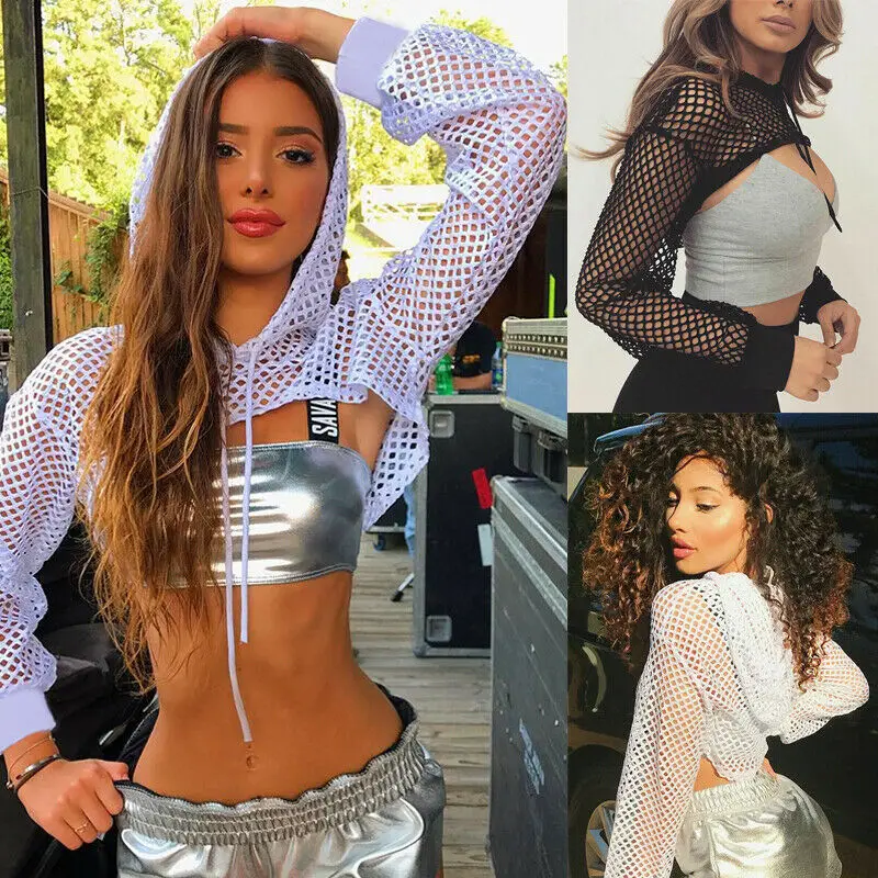Модные женские прозрачные сетчатые Топы с капюшоном футболка длинным рукавом