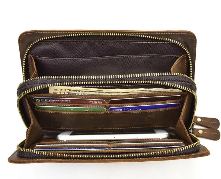 

Genuine leather double zipper men wallet card holder