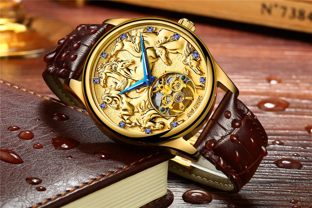 Лошадь узор tourbillon Классический для мужчин деловые часы деловые водонепроницаемые часы Элитный бренд пояса из натуральной кожи автоматические часы