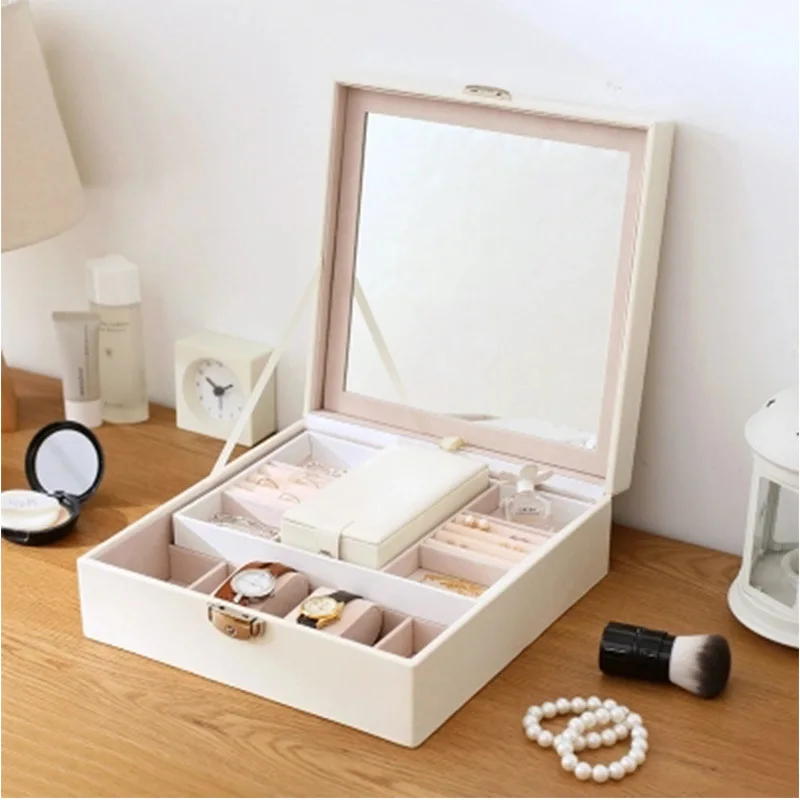Европейские ювелирные изделия Макияж PU хранения с зеркалом Женская шкатулка для