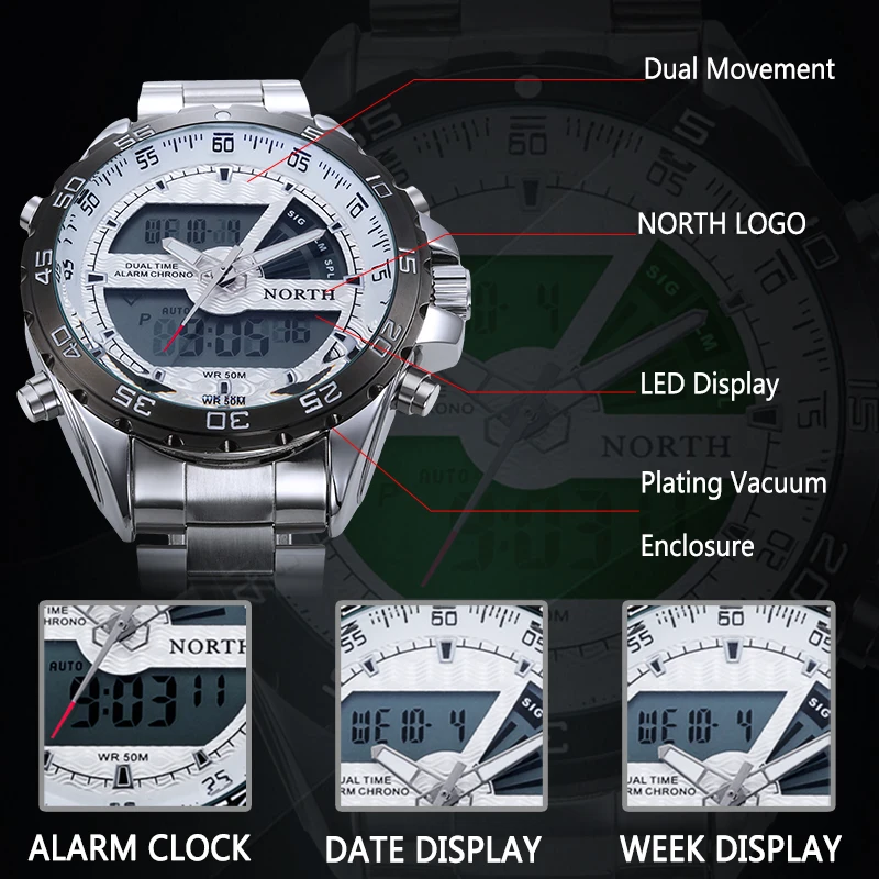 NORTH цифровой дисплей мужские спортивные часы из нержавеющей стали