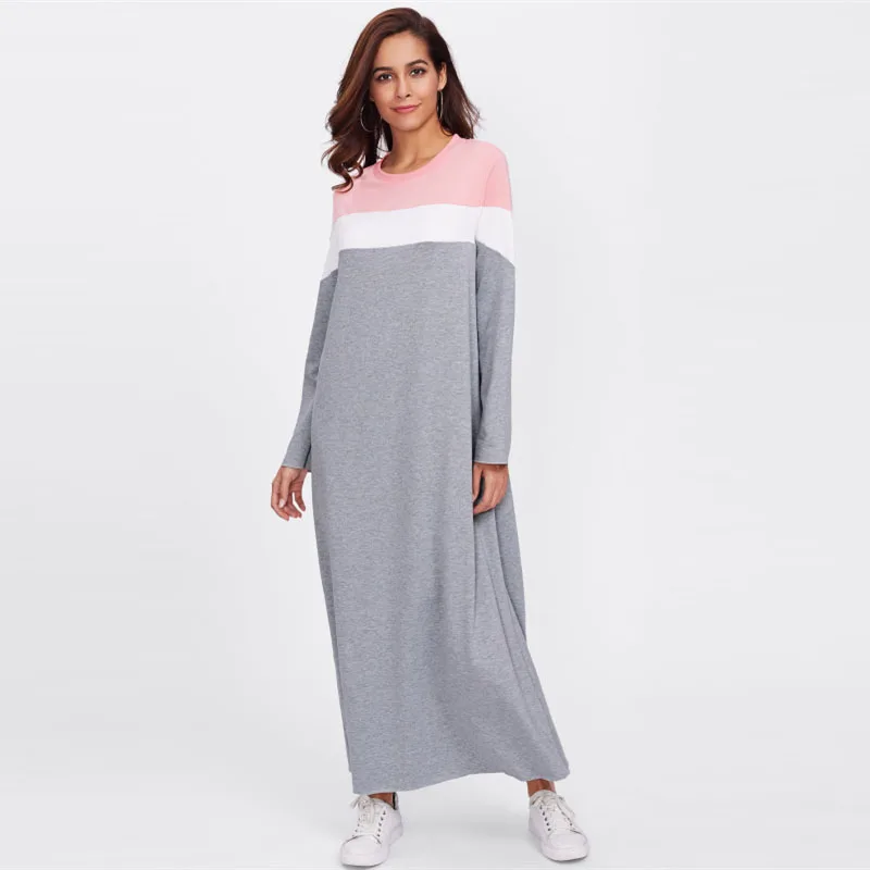 Dotfashion платье-толстовка с вырезом и вышивкой, разноцветное платье с круглым вырезом, Осеннее женское платье, платье с длинным рукавом
